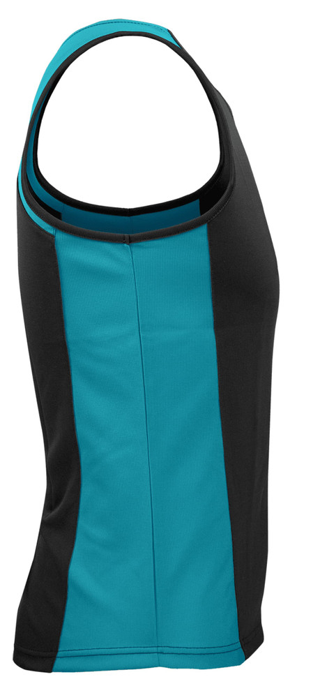 A black and teal men's singlet featuring a fitted design and a logo on the side.