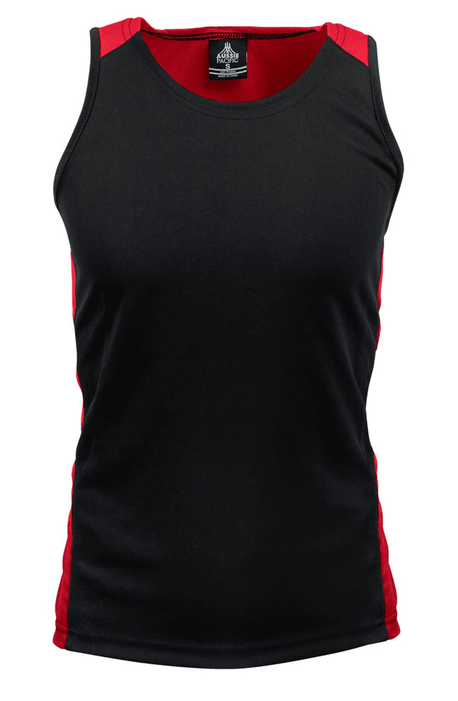 A black singlet with red side panels, featuring a logo on the inside neck.