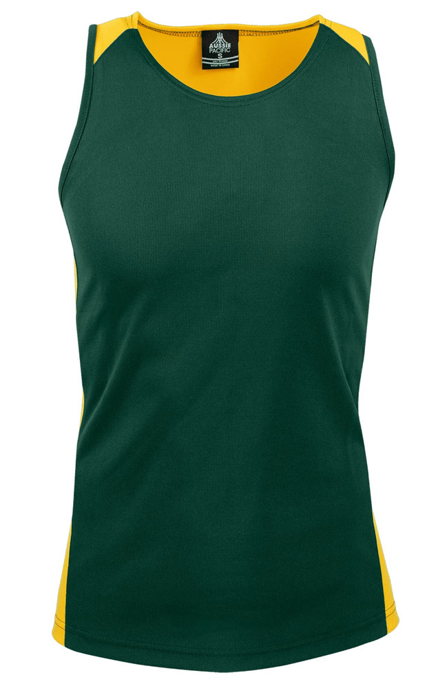 A green and yellow singlet featuring a logo. It has a sleeveless design suitable for casual wear.