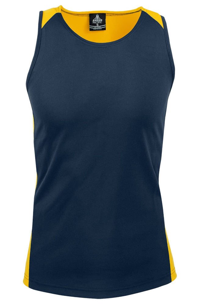 A navy singlet with yellow accents, featuring a branding logo on the neckline.