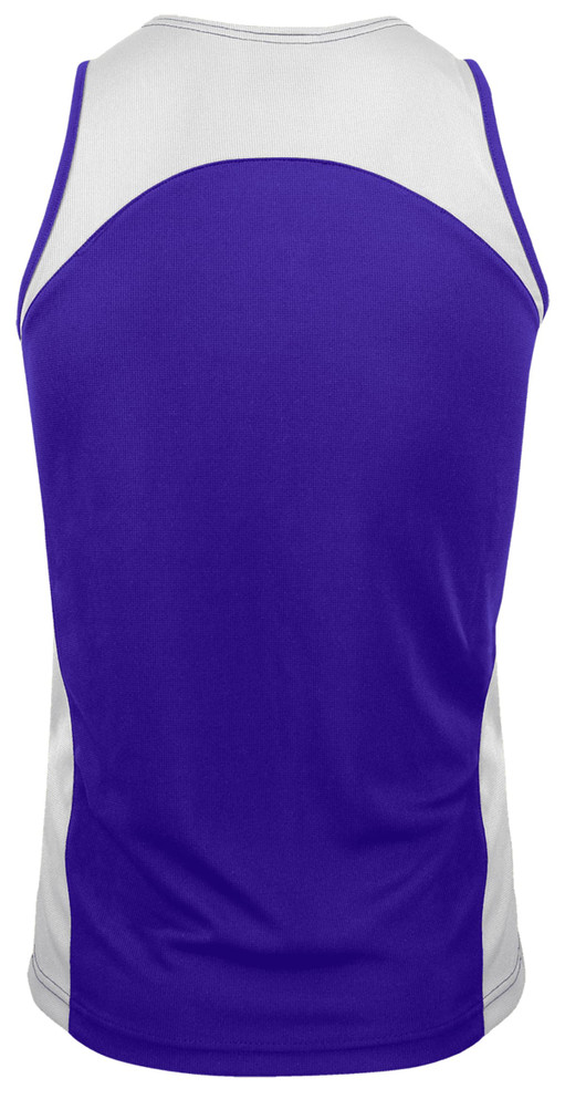 A purple and white men's singlet featuring a logo on the fabric.