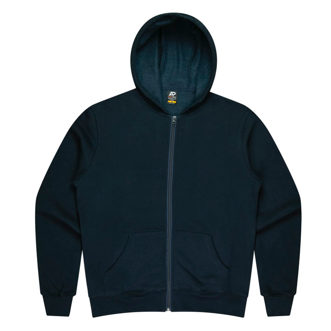 A navy blue hoodie featuring a zip front and a hood, with a kangaroo pocket and branding on the label.