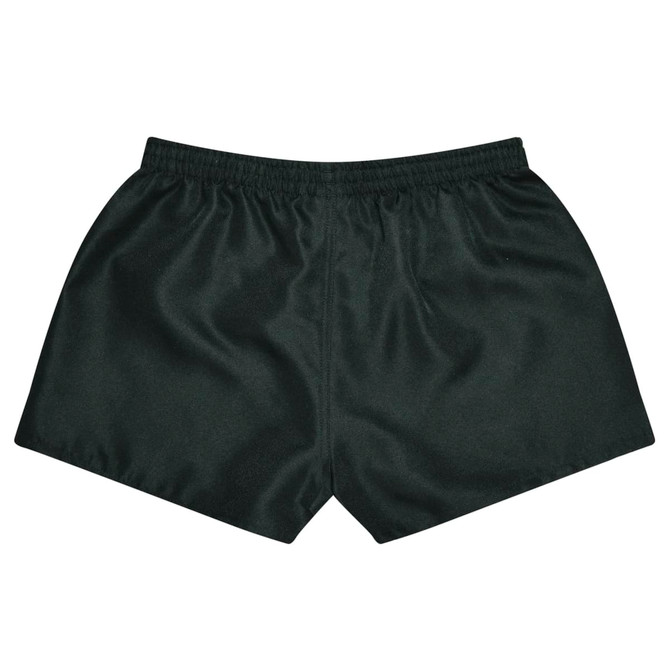 A pair of dark green rugby kids shorts with an elastic waistband and a smooth, shiny fabric finish.