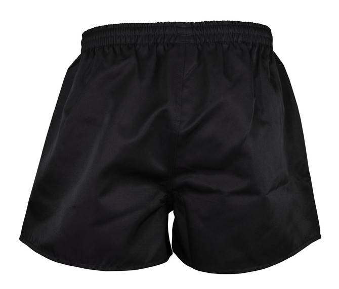 Black rugby men's shorts featuring an elastic waistband and a simple design. Includes a logo on the waistband.