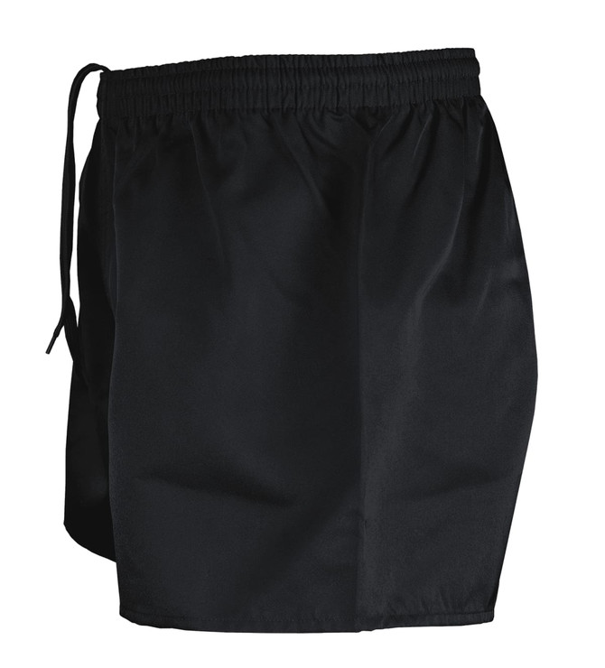 Black rugby shorts featuring an elastic waistband and drawstring, suitable for sports uniforms.