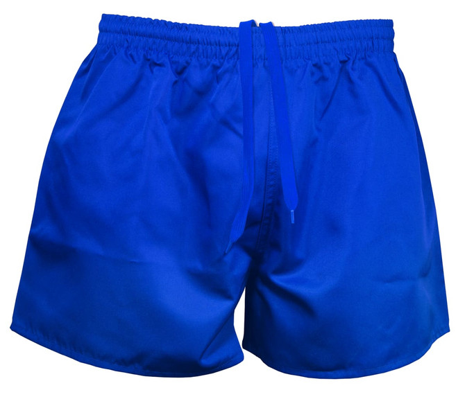 Bright blue rugby men's shorts with an elasticated waistband and drawstring. Ideal for sports activities.