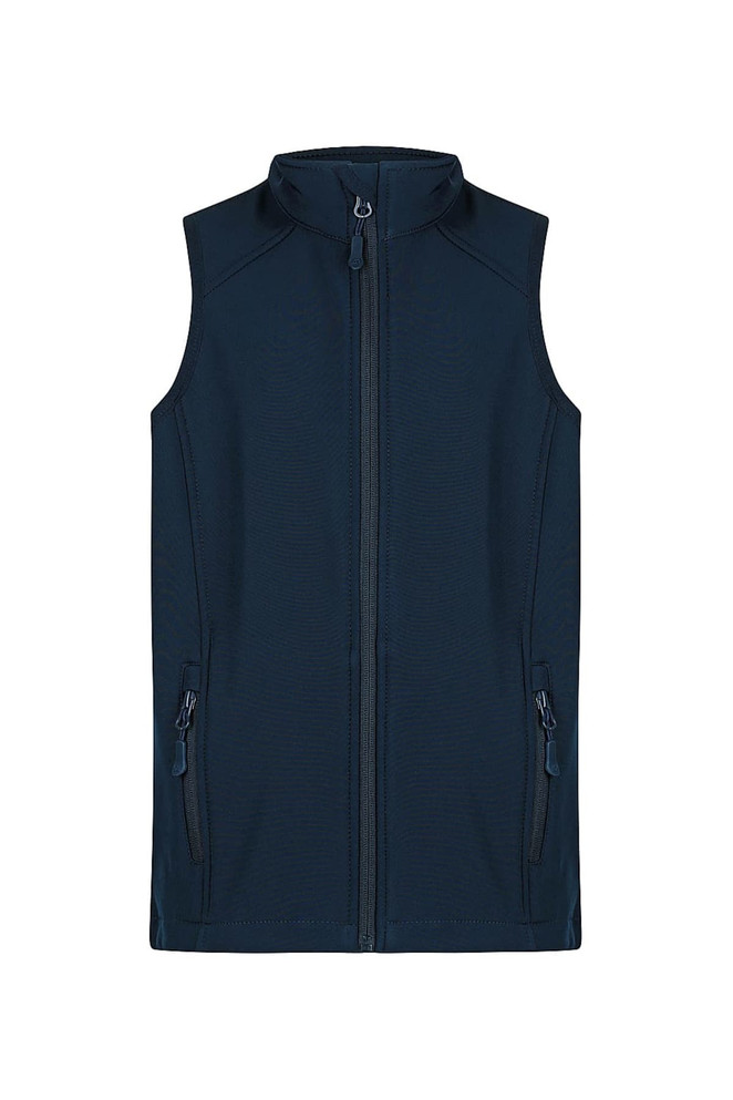 A navy vests featuring a zip front and two side pockets, designed for kids. It has a logo on the chest.