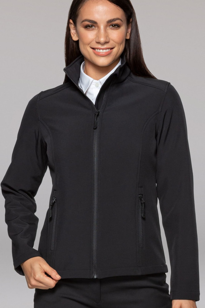 A black soft shell jacket with a zip front and side pockets, featuring a fitted design and collar.