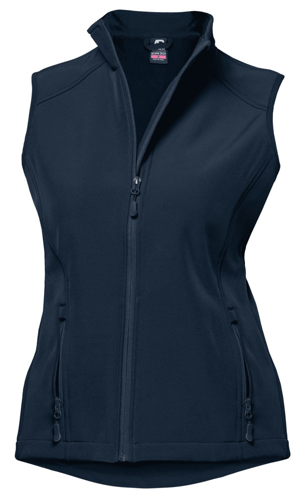 A navy blue vest with a zip closure and two front pockets, featuring a logo on the upper inside.