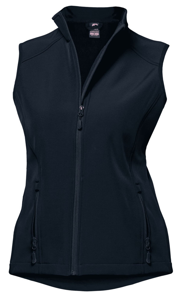 A black vest made from soft material with a high collar and zippered front and side pockets, featuring a logo.
