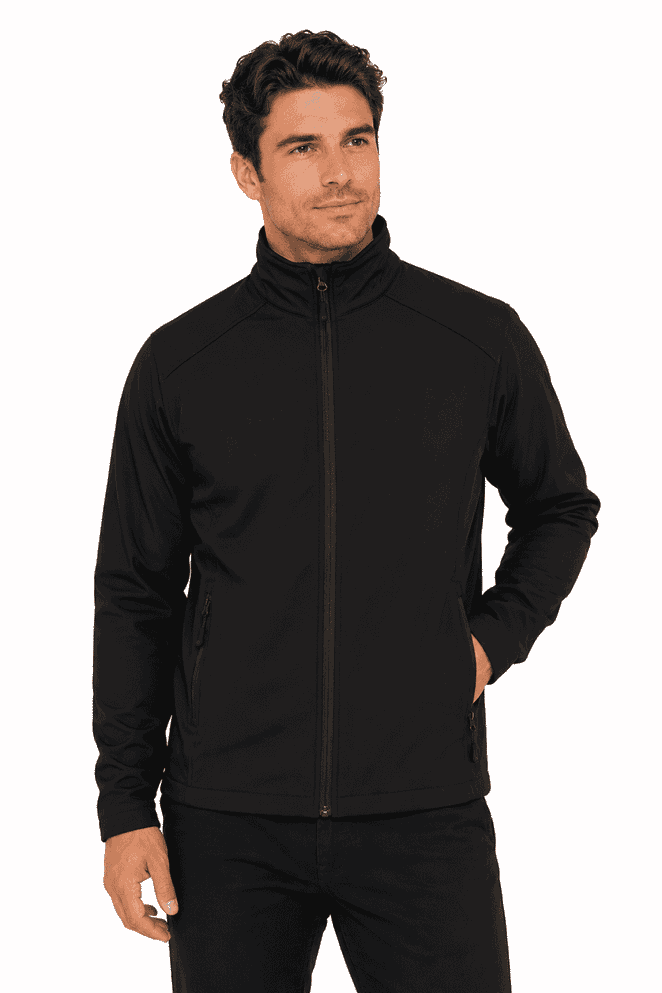 A soft shell jacket in black, featuring a high collar and full zip, modelled by a man. Includes a logo.