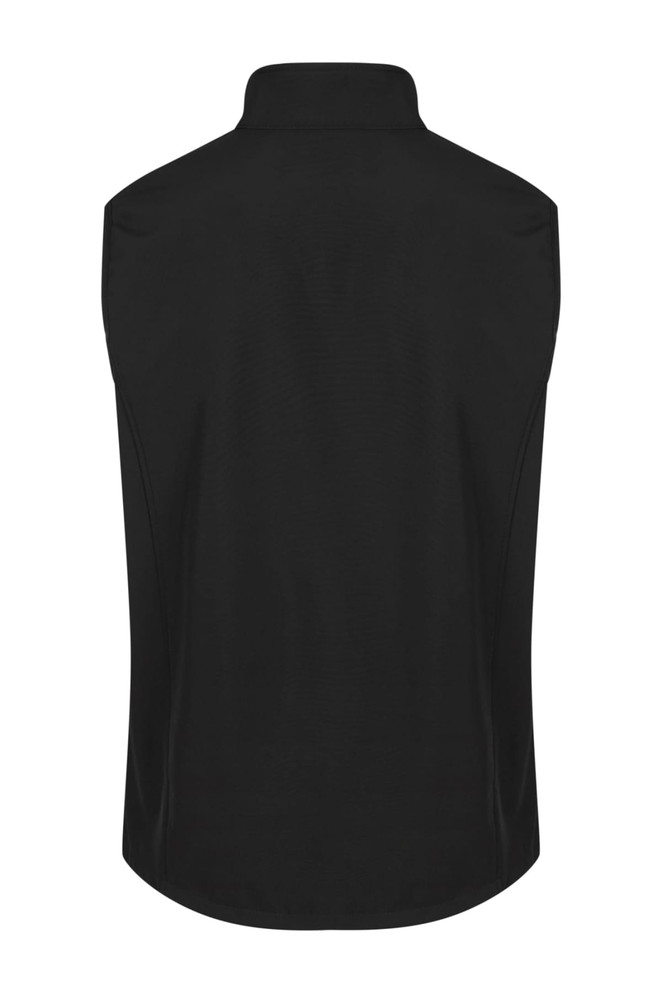 A black sleeveless vest featuring a collar and a smooth texture. The vest has a logo on the back.