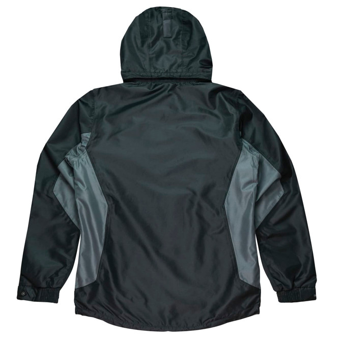A black men's jacket with grey side panels and a hood, featuring a logo on the back.