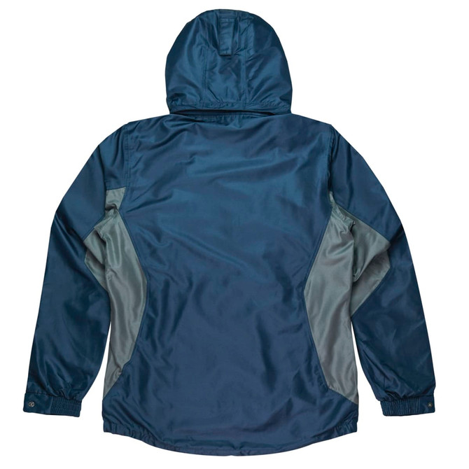 A navy blue jacket with grey side panels and a hood, featuring a lightweight design.