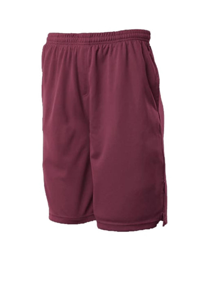Burgundy sports shorts featuring an elastic waistband and side pockets, with a logo on the side.