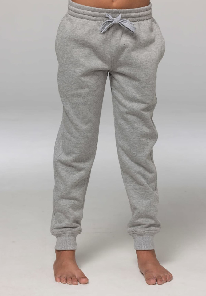 Tapered fleece kids' pants in grey, featuring a drawstring waist and ribbed cuffs. Suitable for casual wear.