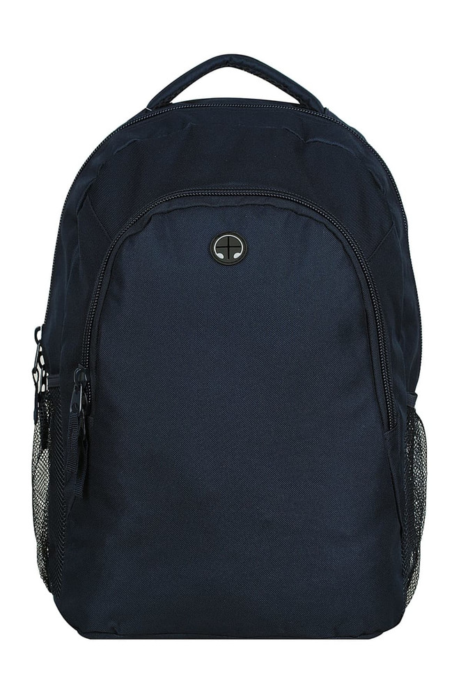 A dark navy backpack with a zippered front pocket and mesh side pockets, featuring a logo on the front.