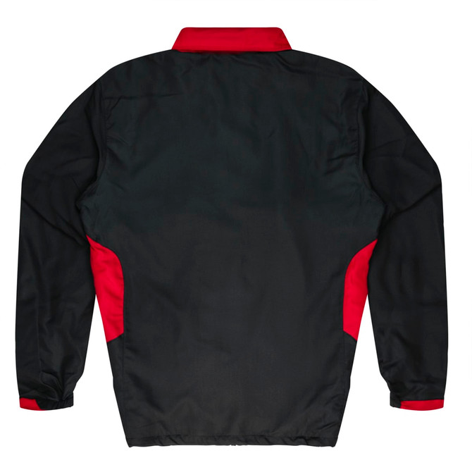 A black and red tracktop featuring a high collar and long sleeves, with a logo on the back.