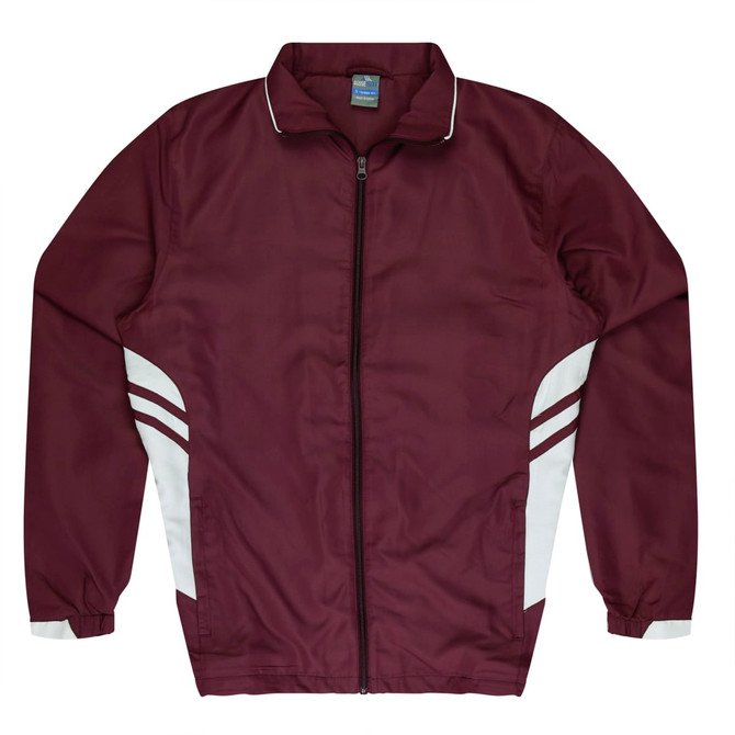 A maroon tracktop with white side panels and a zip-up front. The jacket has a collar and elastic cuffs.