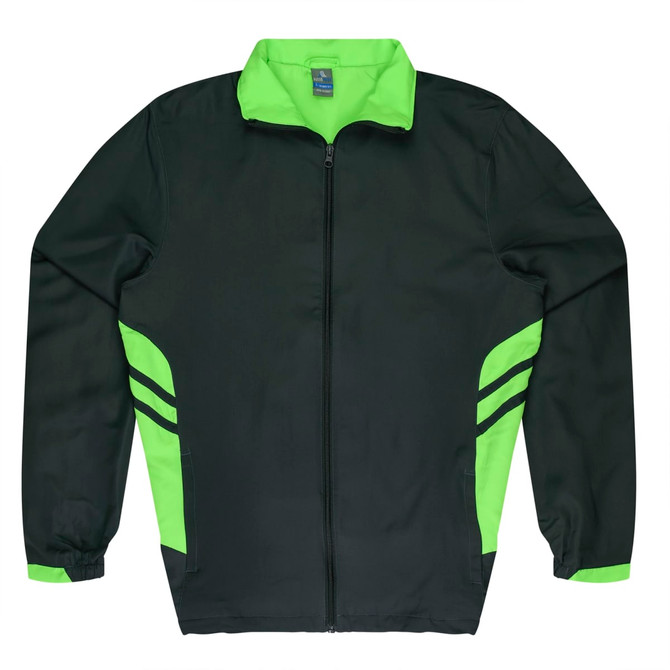 A dark green tracktop with bright lime green accents and a zippered front. Features side pockets and a collar.