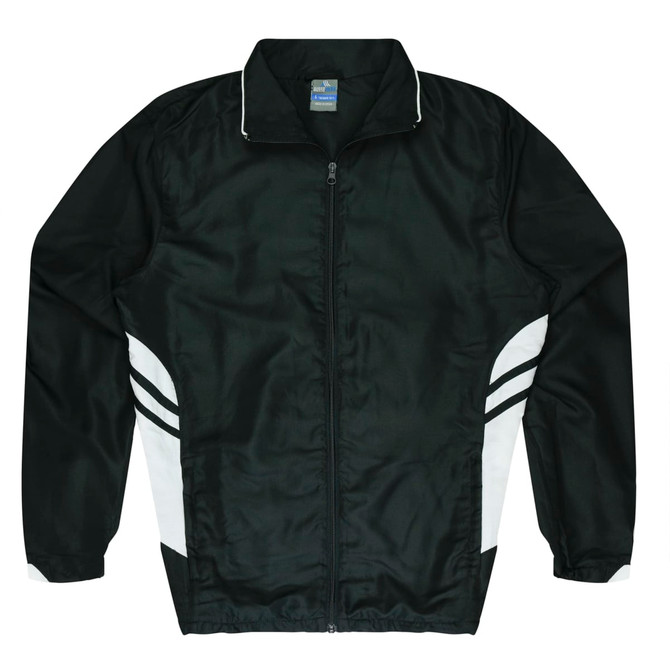 A black tracktop featuring white stripe details, with a zip front and a collar. It has a branding logo.
