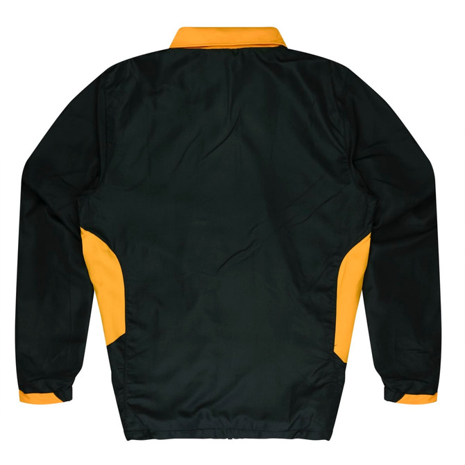A green and yellow tracktop with a collared neck and long sleeves, featuring side panels in yellow.