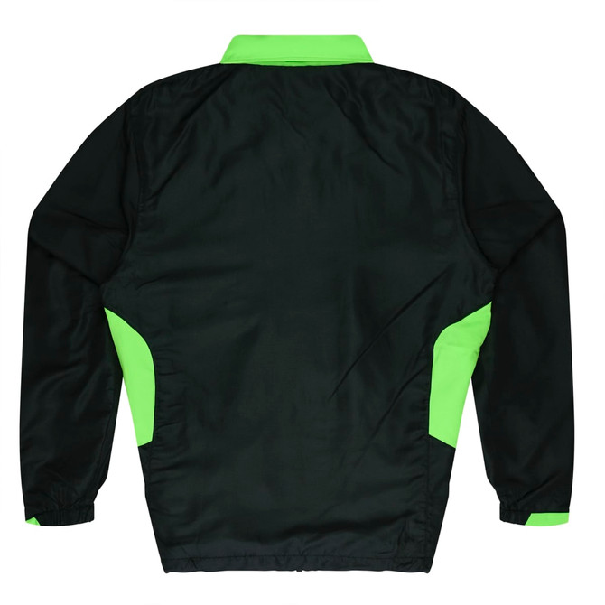 A black tracktop with bright green accents, featuring a collar and elasticated cuffs. It has a logo.