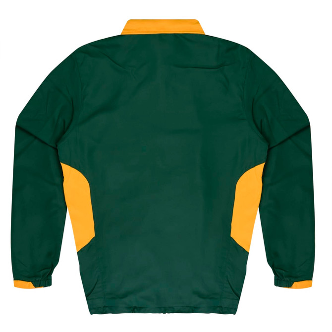 A green and yellow TASMAN kids tracktop with a collar and elastic cuffs, featuring a logo on the front.