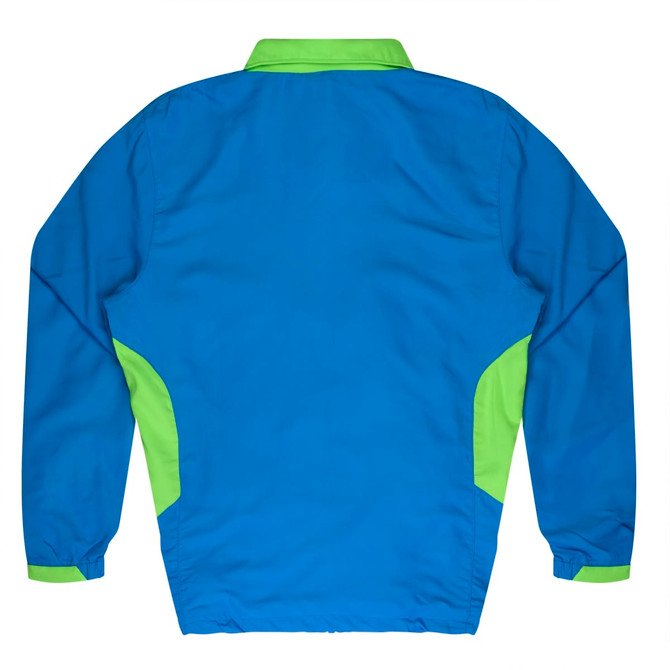 A blue tracktop featuring green accents on the collar and sides, with long sleeves and a relaxed fit.