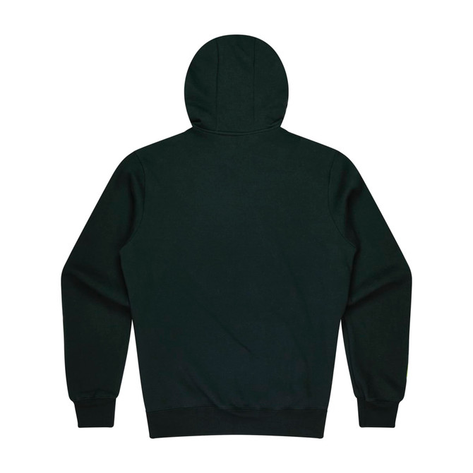 A dark green hoodie featuring a kangaroo pocket and a hood, with a plain back view.