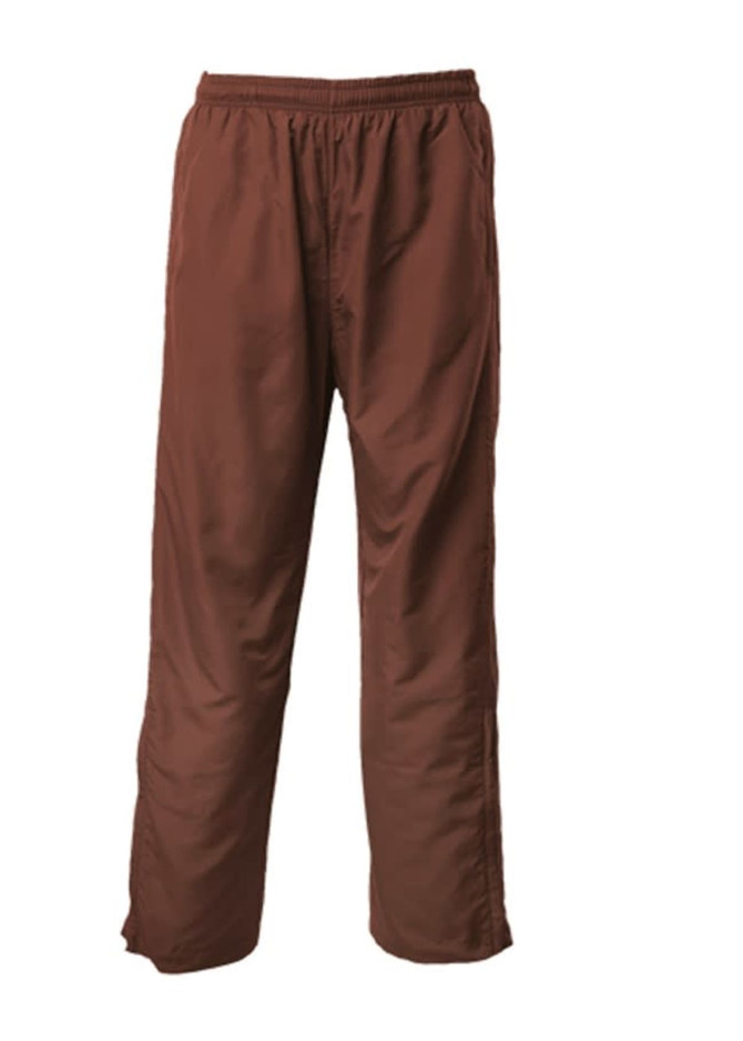 Brown track pants featuring an elastic waistband and a simple design. Includes a logo on the fabric.