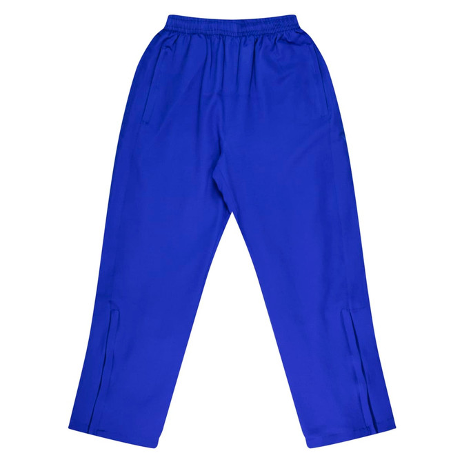 Blue children's trackpants with an elastic waistband and side pockets, featuring a logo.