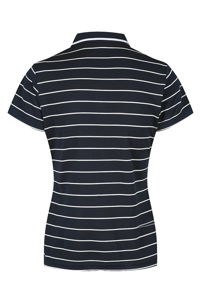 A navy and white striped polo shirt with a short collar and a fitted design. Features a logo on the chest.