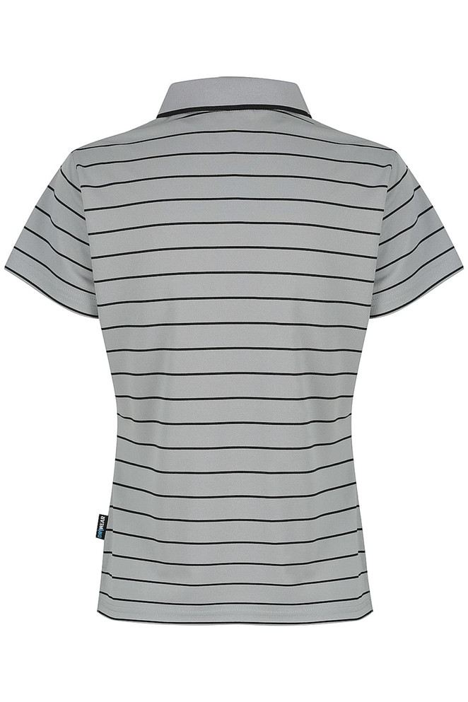 A polo shirt in grey with alternating thin black stripes and a collar, featuring a logo on the side.