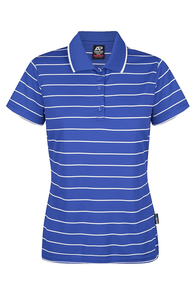 A blue and white striped polo shirt with a collar and buttons, featuring a logo on the front.