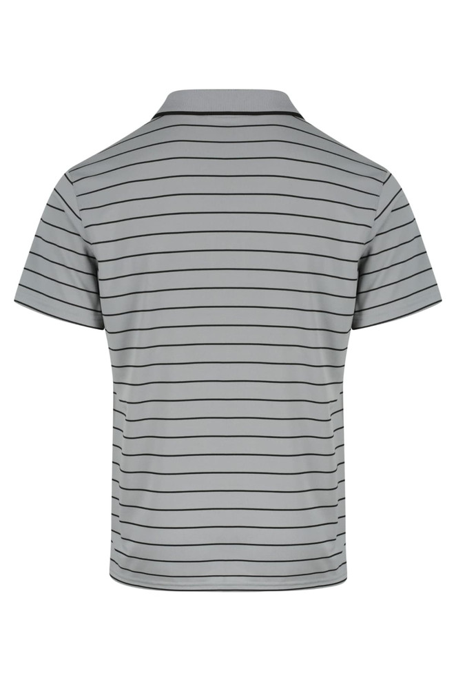 A grey polo shirt with horizontal stripes and a collar, featuring a logo on the upper back.
