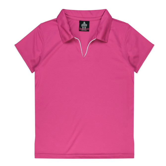 A pink polo shirt featuring a collar and a branding label on the inner neck.