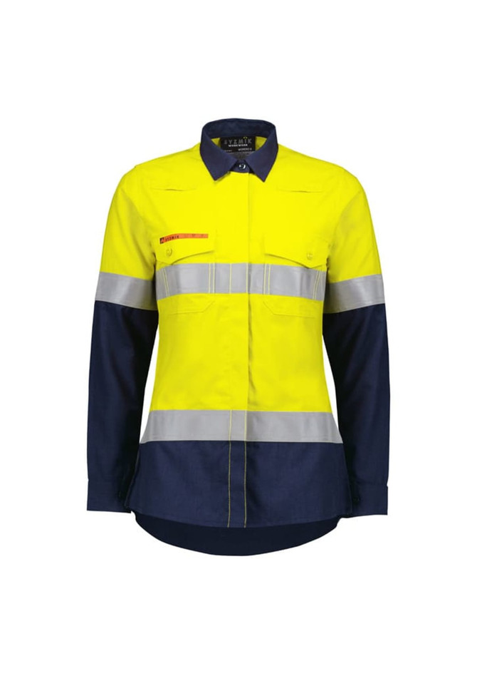 A lightweight, long-sleeve work shirt in fluorescent yellow and navy with reflective tape and a logo.