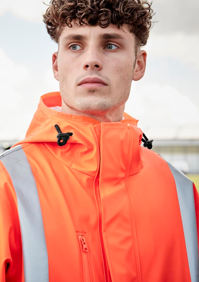 A heavy duty waterproof jacket in bright orange, featuring reflective silver stripes and a hooded design.