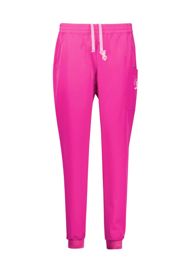 A pair of women's jogger scrub pants in vibrant pink, featuring a side pocket and a branded logo.