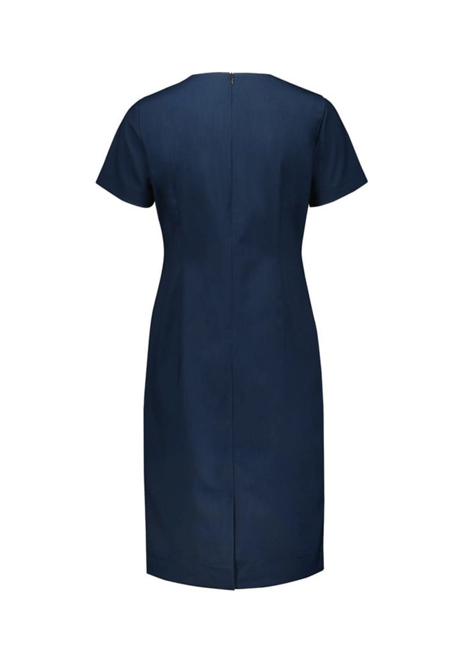 A navy blue women's short sleeve dress featuring a zip closure at the back and a simple, elegant design.