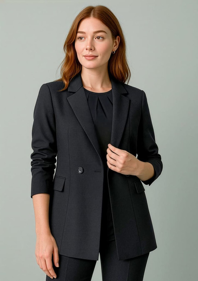 A women's black double-breasted longline jacket with a notched collar and fitted silhouette.