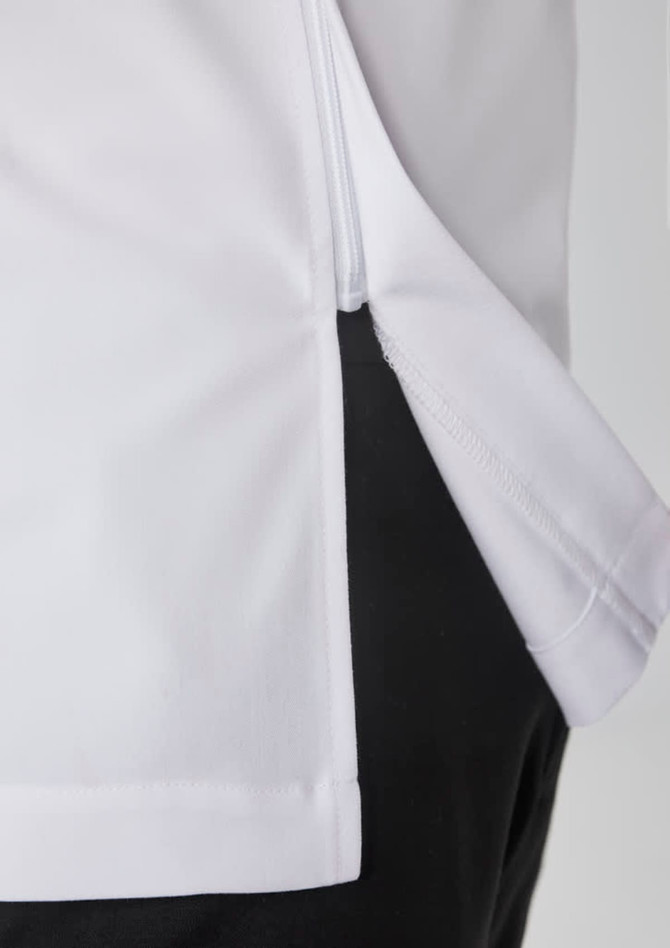 A close-up view of a white and black jacket, featuring a zip and side seam detail. The jacket has a logo.
