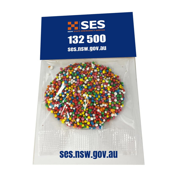 A packet containing colourful sprinkles, featuring a logo and text related to the New South Wales State Emergency Service.