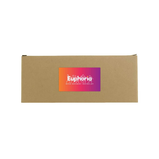 A brown cardboard box with a vibrant orange and purple label featuring a logo.