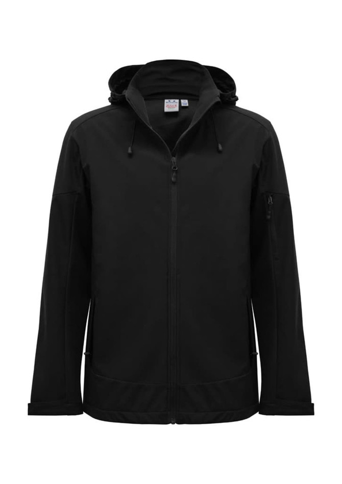 A black rain jacket with a hood, featuring a zip front and side pockets, showcasing a simple design and a logo.