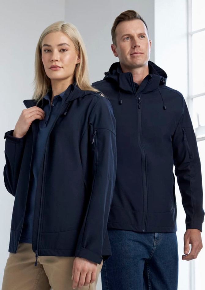 A navy rain jacket for men showcased on a model, featuring a hood and multiple zippered pockets.