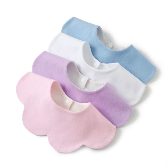 Four baby bibs in light purple, white, light blue, and pink, featuring a scalloped design and secured with snaps.