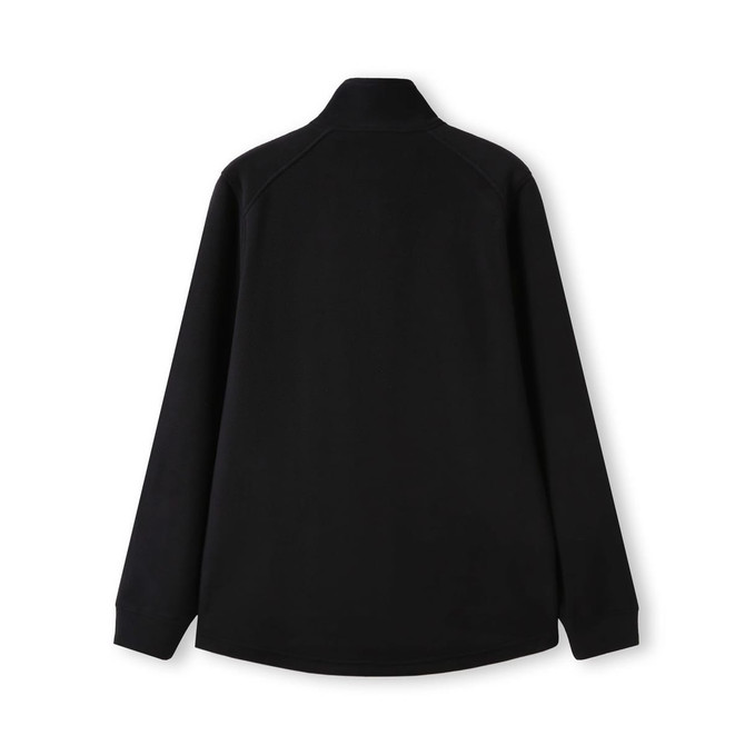 A black polar fleece half zip top with long sleeves and a collar, featuring a logo on the back.