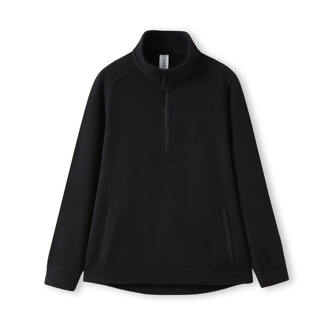 A black polar fleece half zip top with side pockets and a collar. Features a logo on the label.